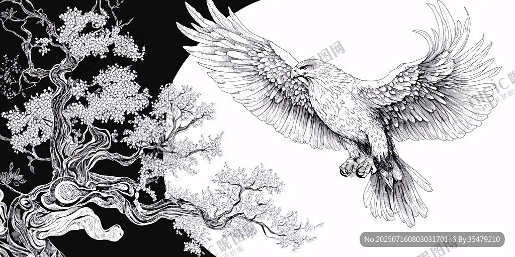 雄鷹展翅伴古樹明月