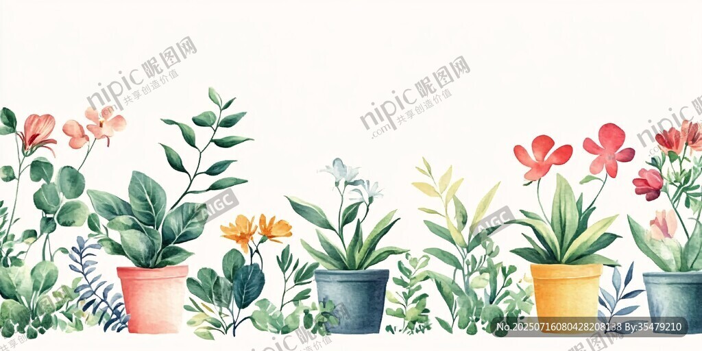 手繪盆栽花卉裝飾圖案