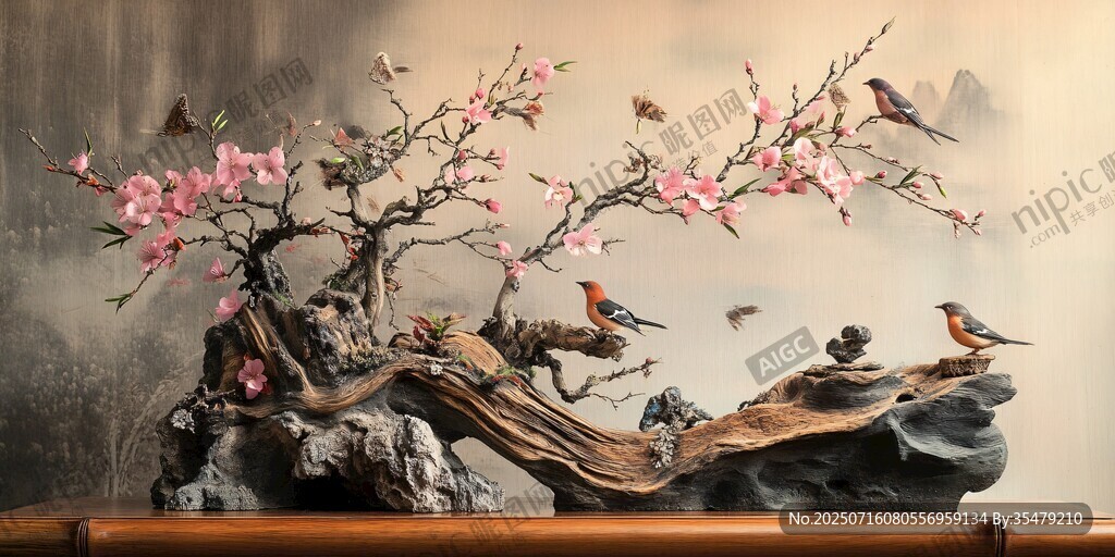 中式花鳥根雕藝術擺件