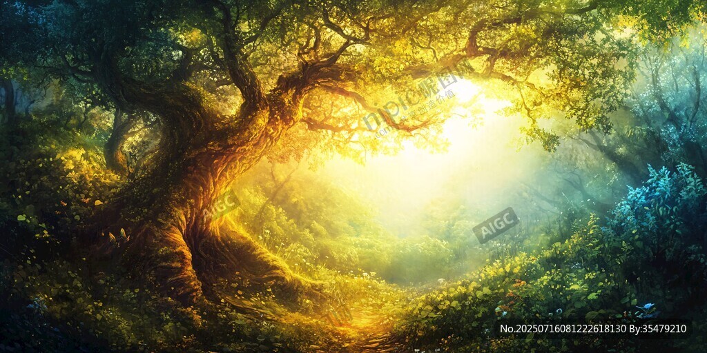夢幻森林中的陽光奇幻景象