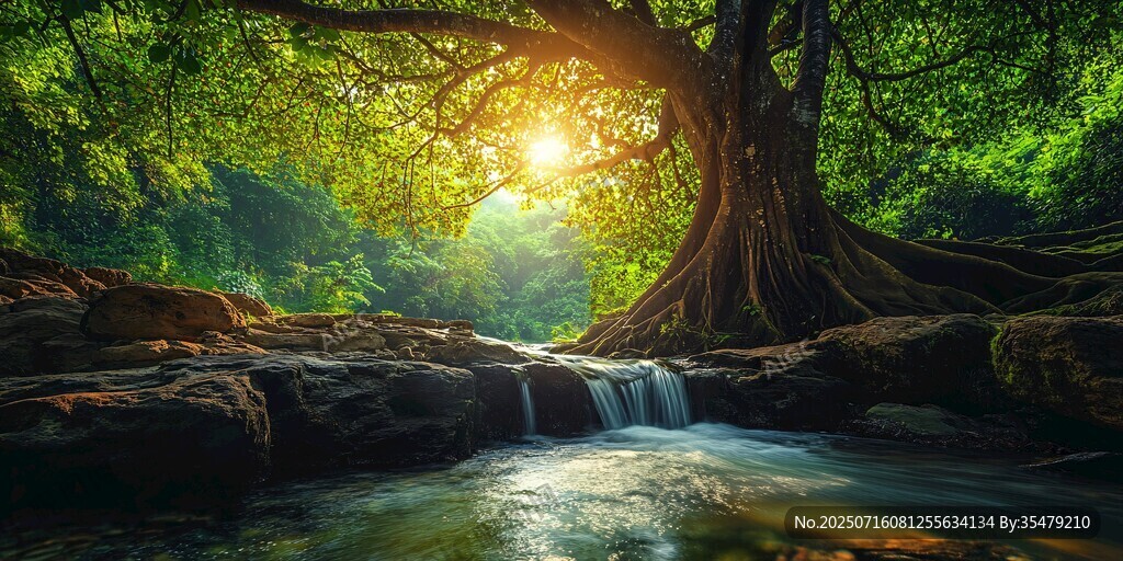 陽光灑落的森林溪流美景