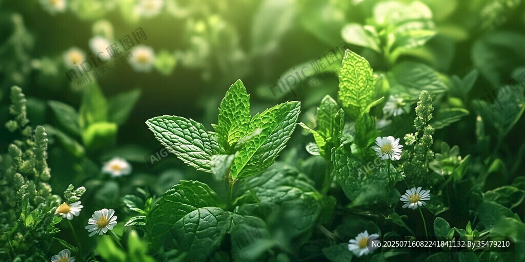 清新綠意中的薄荷與雛菊