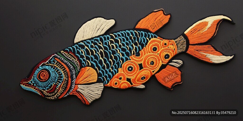 彩色刺繡金魚裝飾圖案