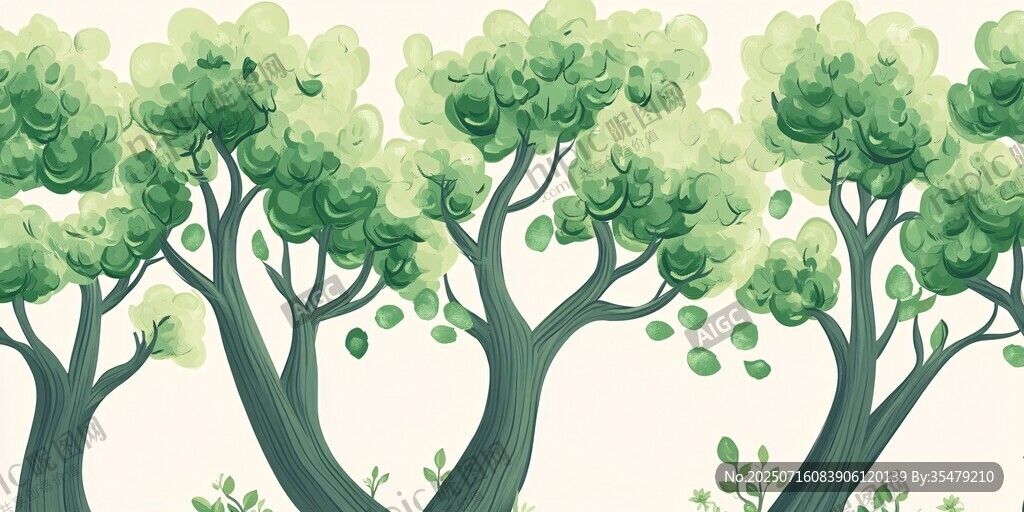 清新綠意樹木插畫背景圖
