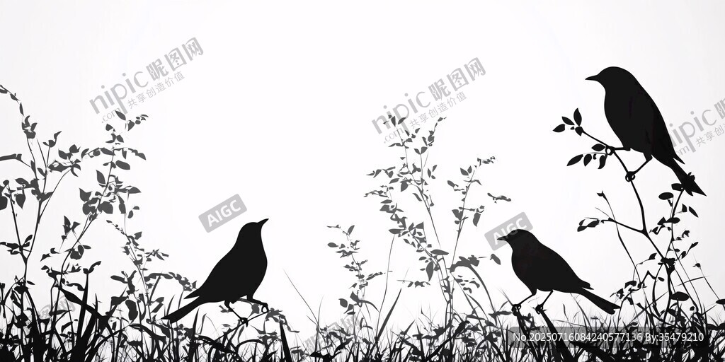 三只鳥兒棲于草木間