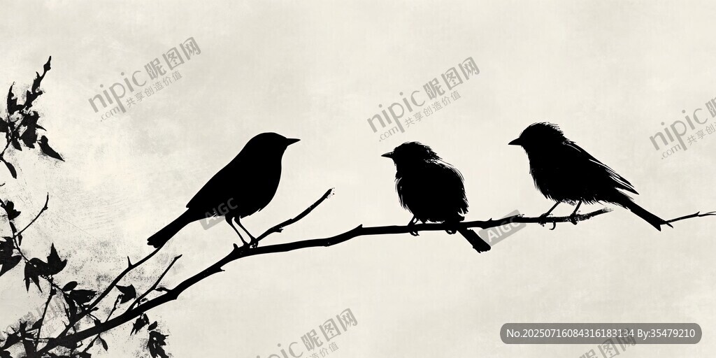 三只鳥兒棲于枝頭剪影