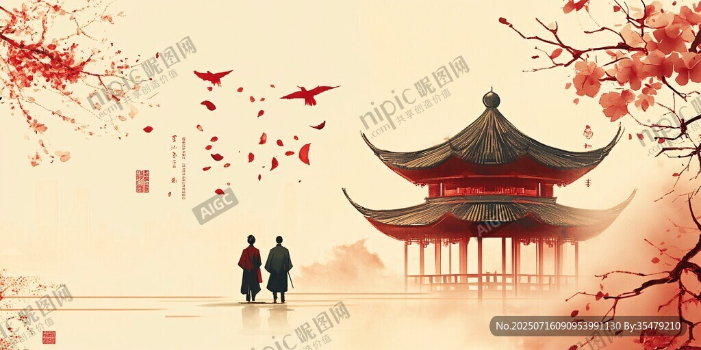 古風(fēng)湖畔雙影浪漫景致