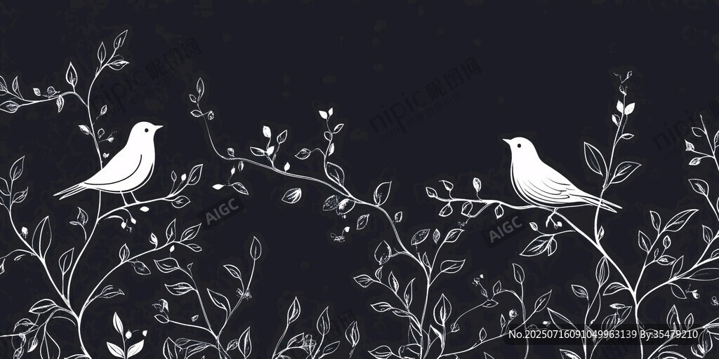 雙鳥棲枝黑白簡約插畫