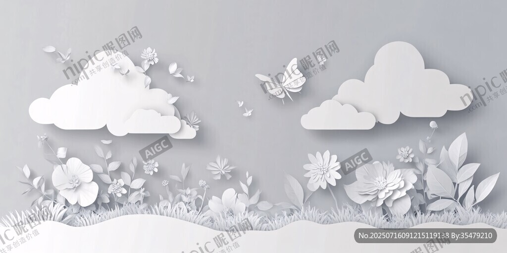 紙藝風(fēng)格的云朵花草場景