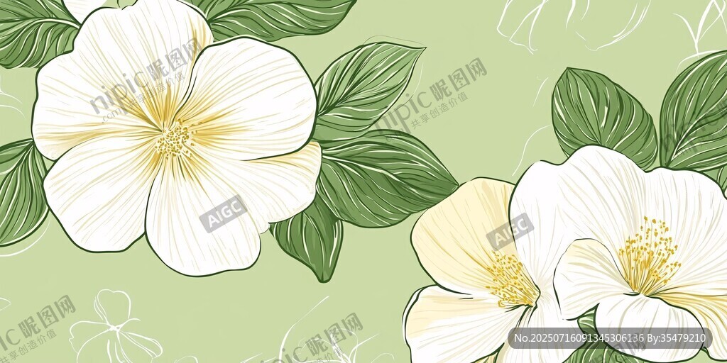 清新白花朵與綠葉插畫