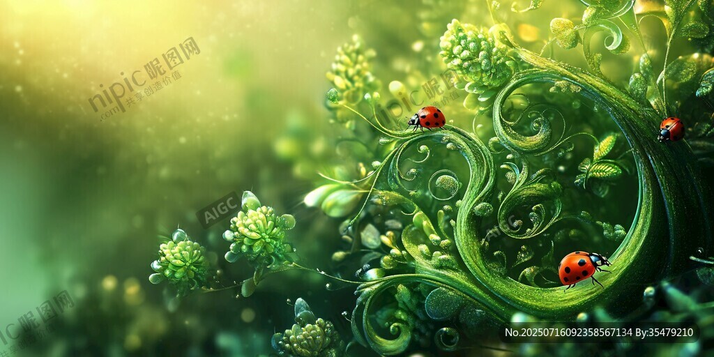 夢幻綠植與俏皮瓢蟲景象