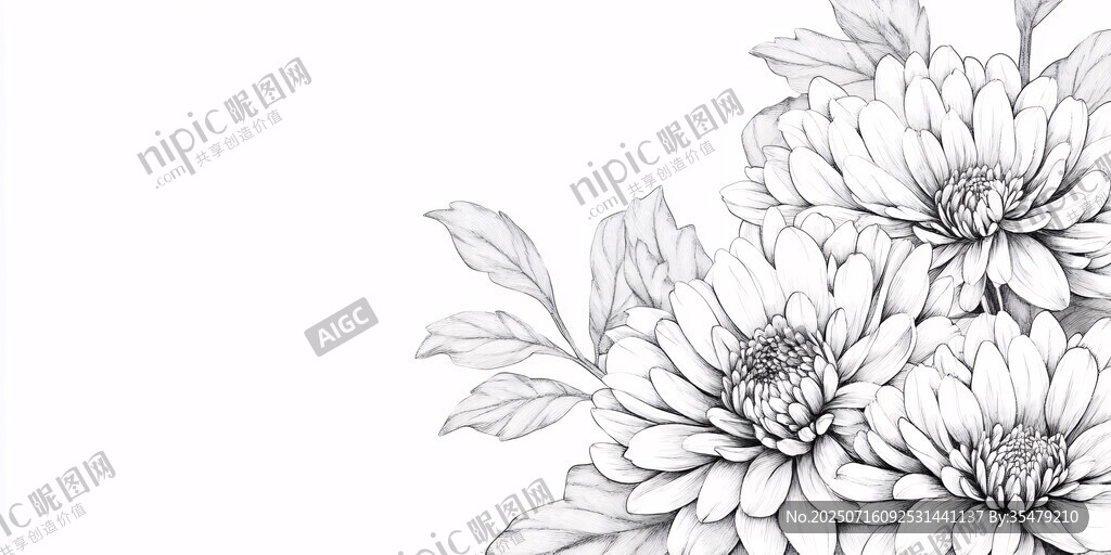 黑白菊花花卉線稿圖