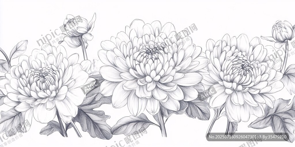 手繪黑白菊花花卉圖案