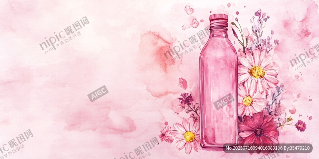 粉色夢幻花束與瓶子插畫