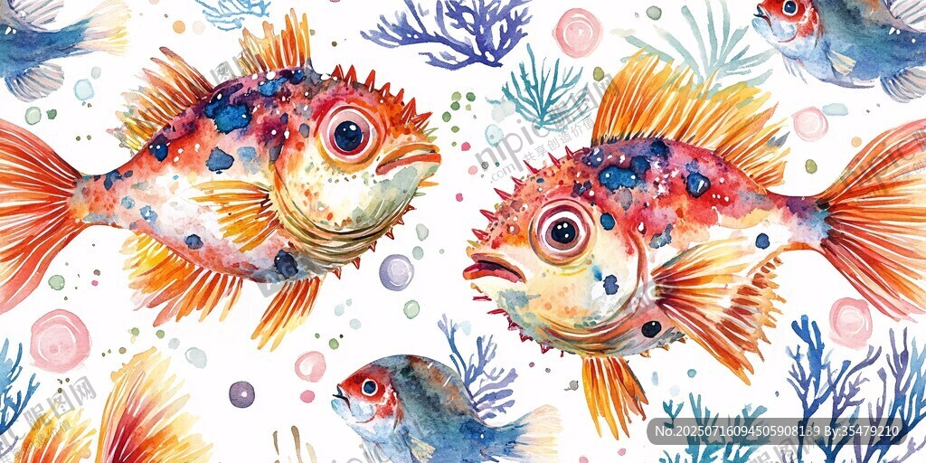 水彩風海洋小魚插畫圖案