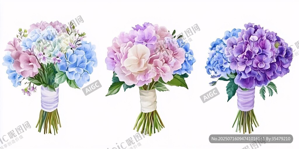 三束繽紛繡球花束插畫