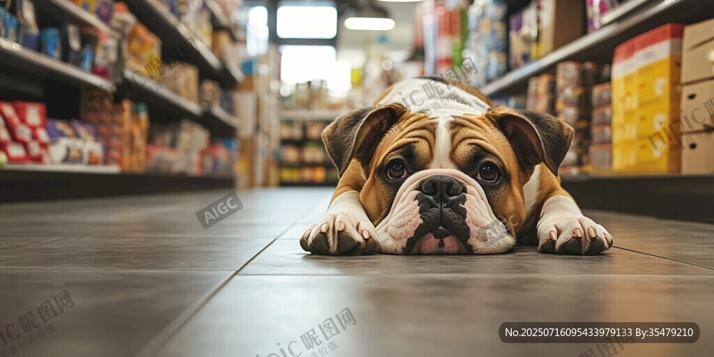 超市中趴著的可愛斗牛犬