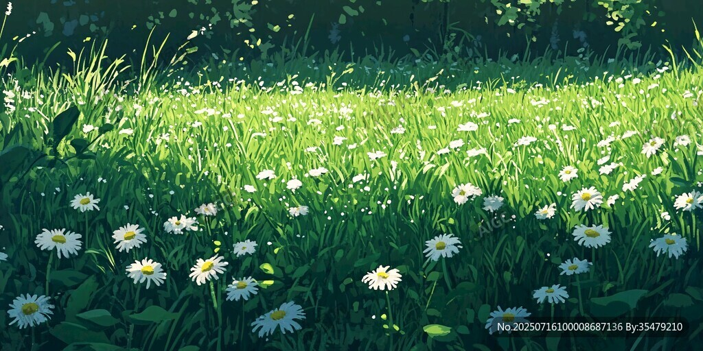 陽光下的雛菊綠草地