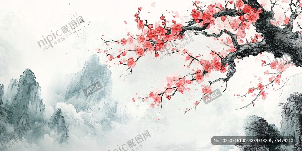 水墨紅梅映山川