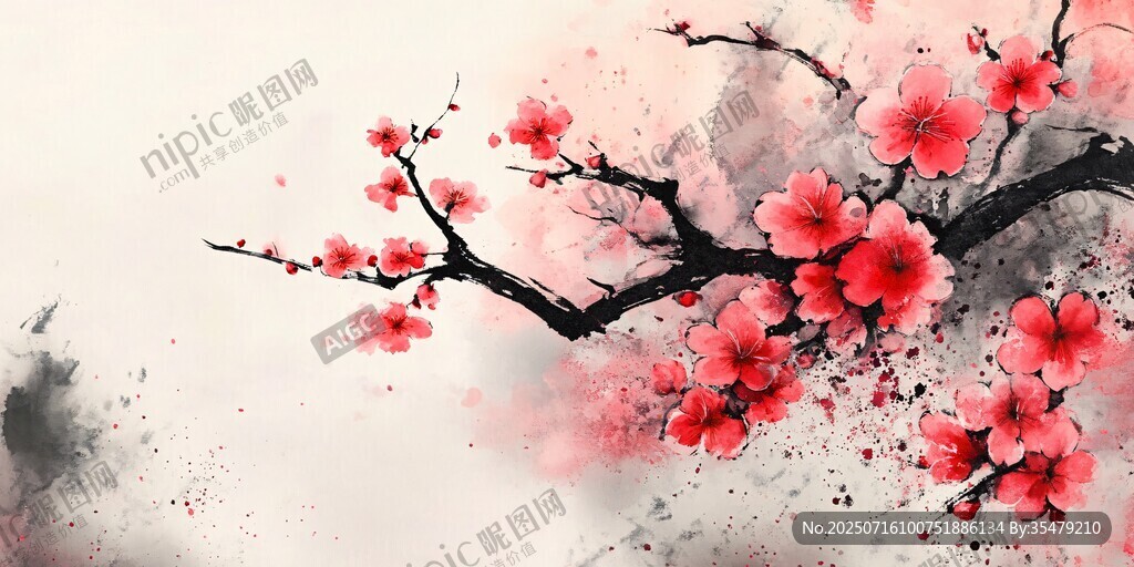 水墨紅梅圖