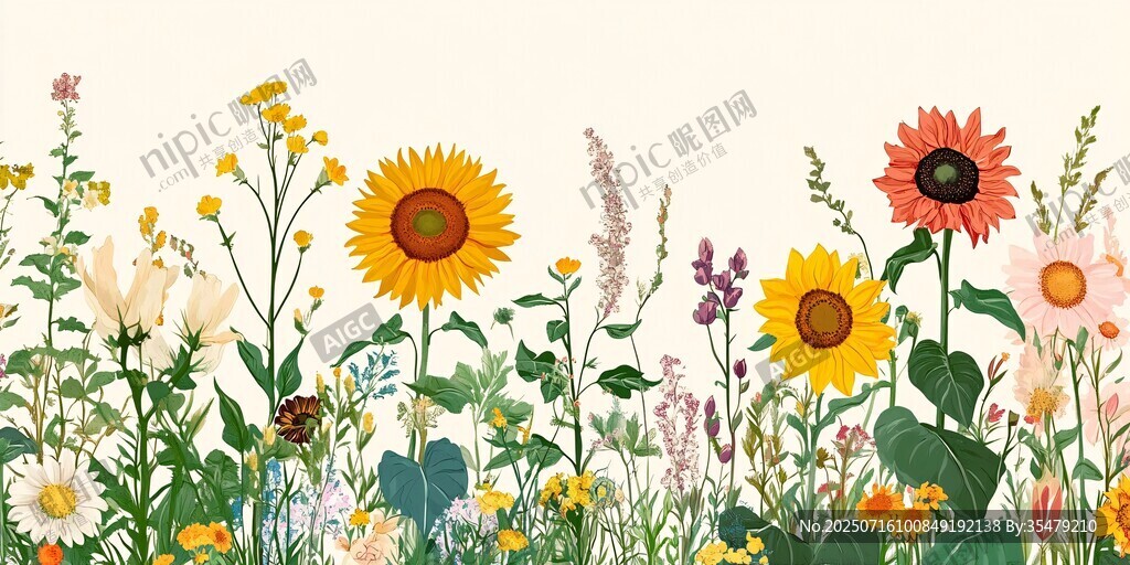 夏日爛漫花卉植物插畫