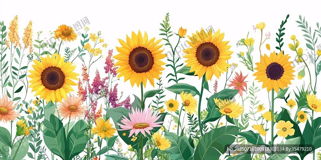 向日葵與多彩花卉插畫