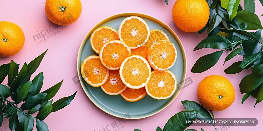 粉底綠葉間的鮮橙切片
