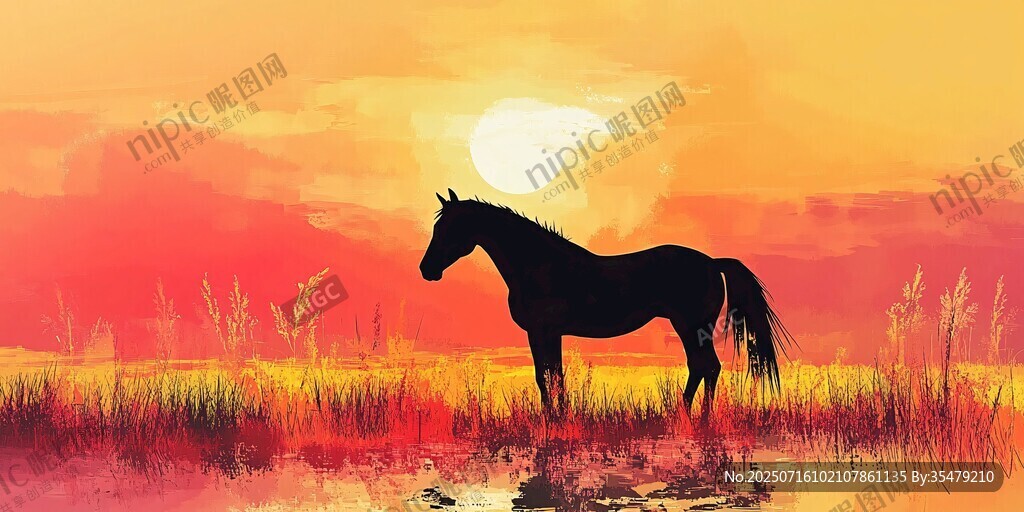 夕陽下的孤馬