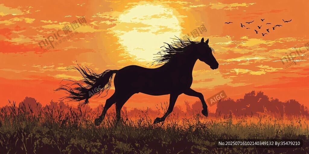 夕陽下駿馬奔騰的壯美畫面