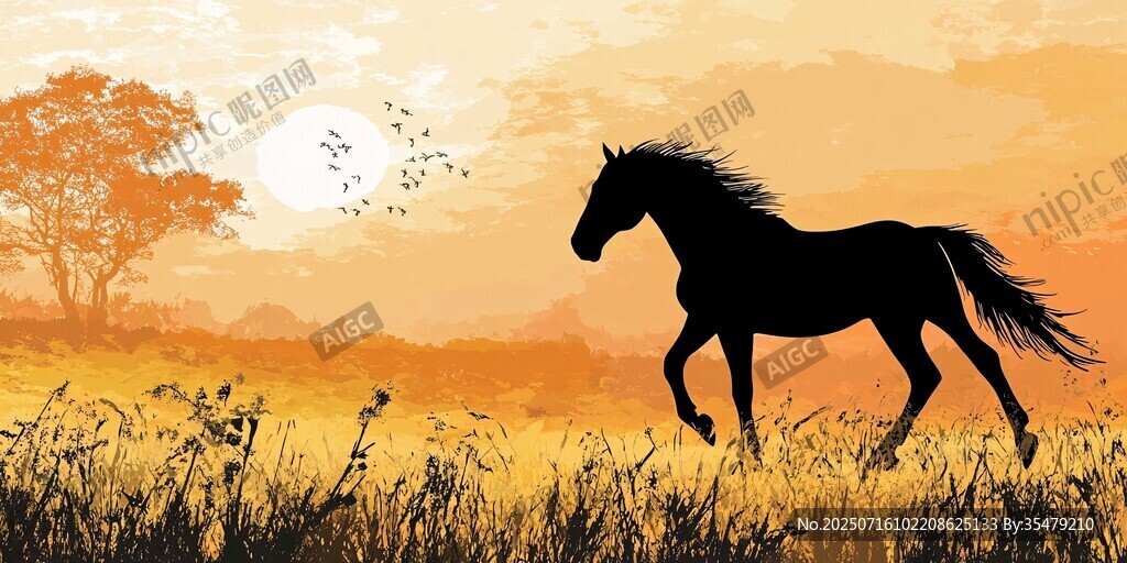 夕陽下駿馬在草原馳騁