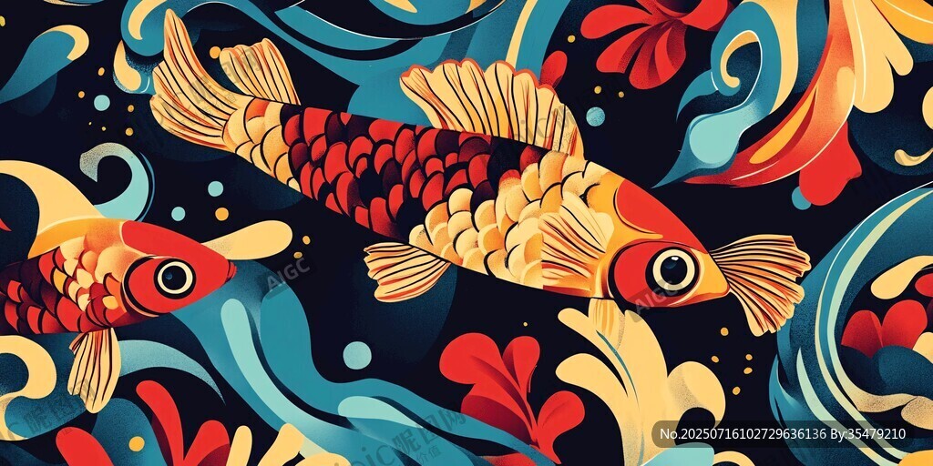錦鯉戲水插畫藝術(shù)圖案