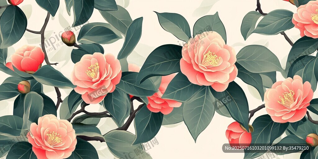 山茶花枝插畫