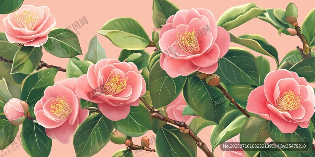 嬌艷粉色山茶花綻放枝頭