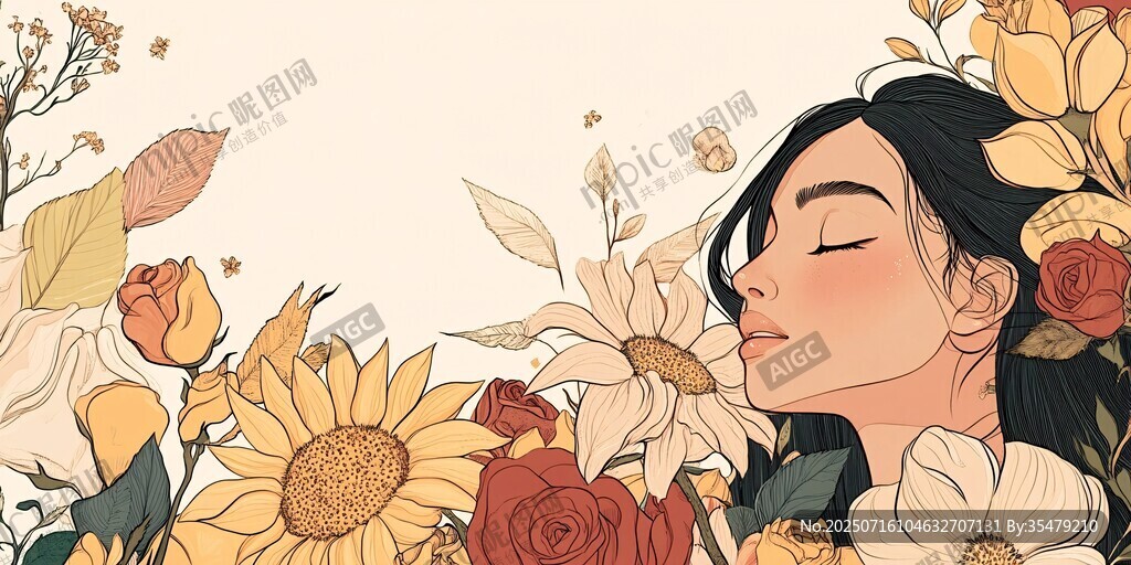 女孩沉醉于繽紛花卉中