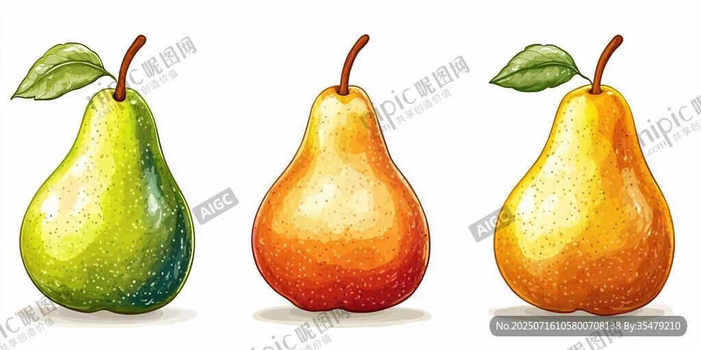 三個(gè)色彩各異的手繪梨子