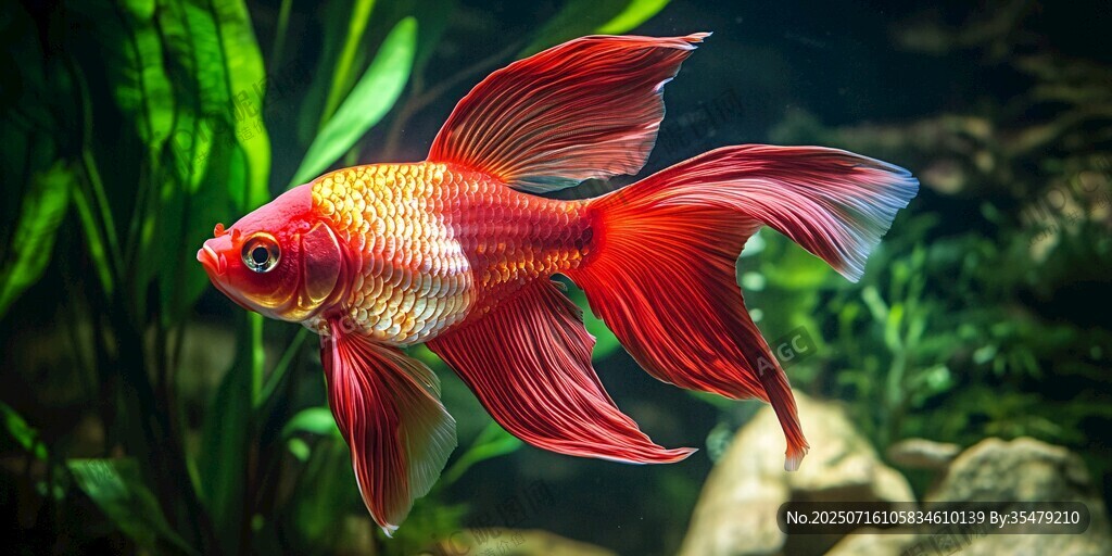 紅尾金魚悠游于翠綠水草間