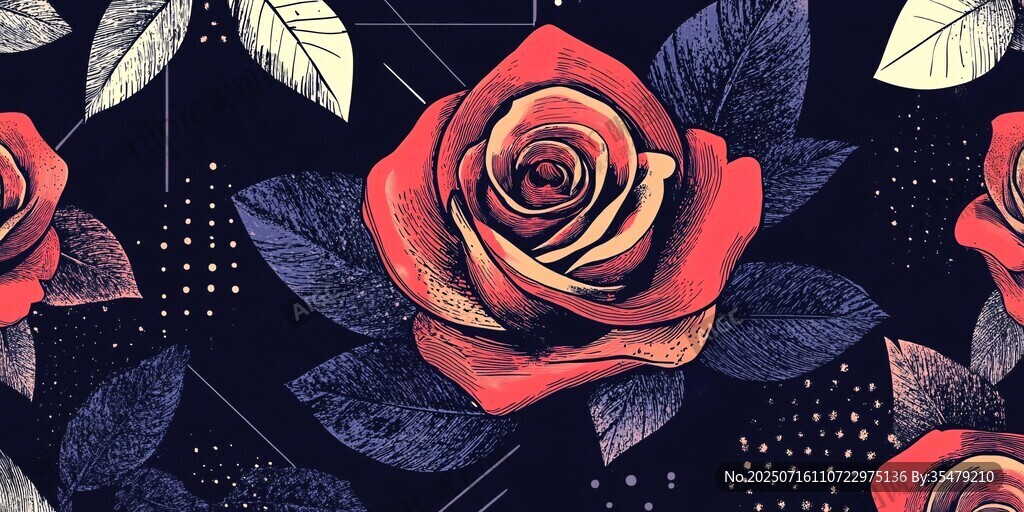 復古紅玫瑰花卉圖案設計