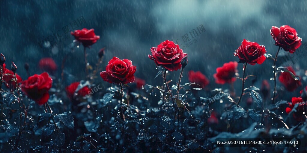 雨中綻放的嬌艷紅玫瑰