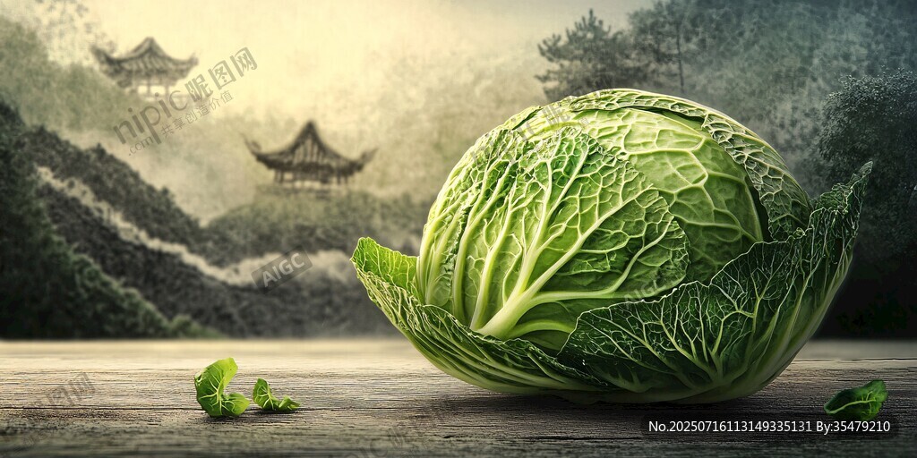 中式背景下的新鮮卷心菜