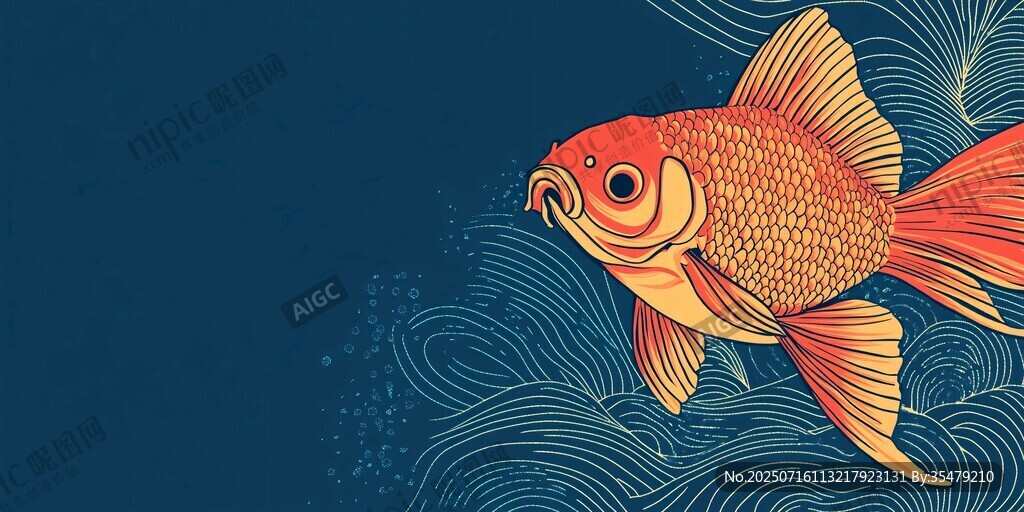 金紅色金魚暢游于水波間