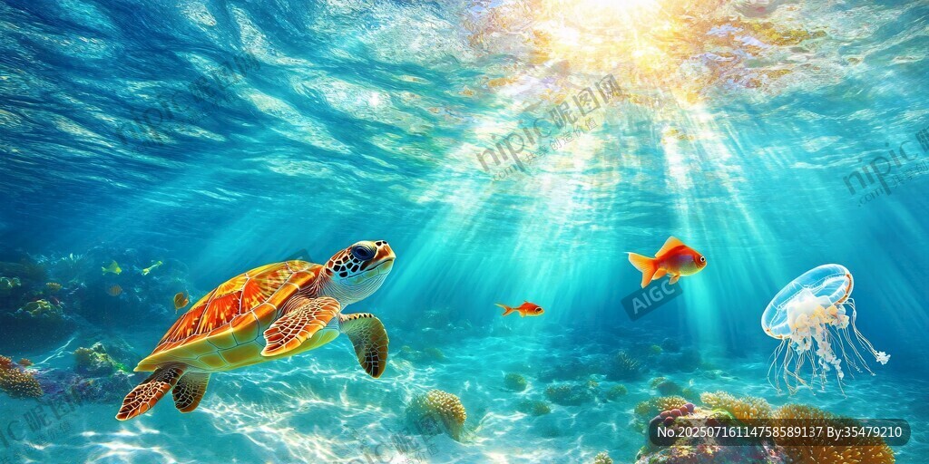 海龜悠游于絢爛海底世界