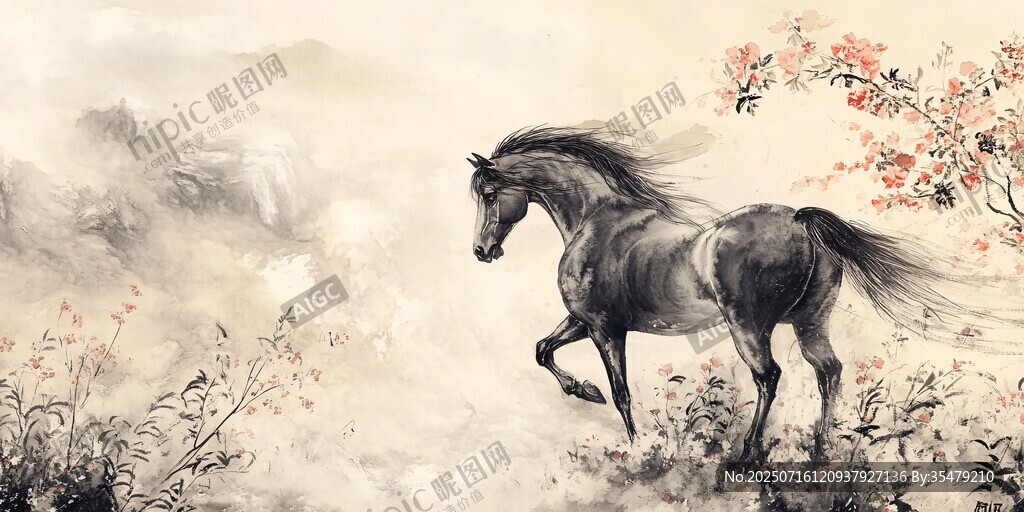 駿馬馳于山水繁花間
