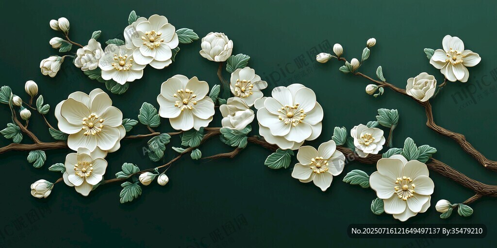 中式立體花朵裝飾樹枝圖