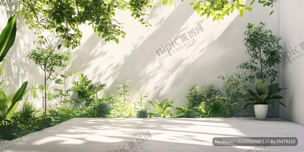 陽光照耀下的清新綠植庭院