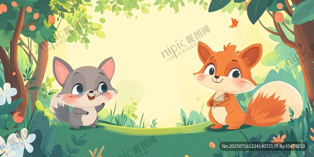 森林中嬉戲的小貓與松鼠