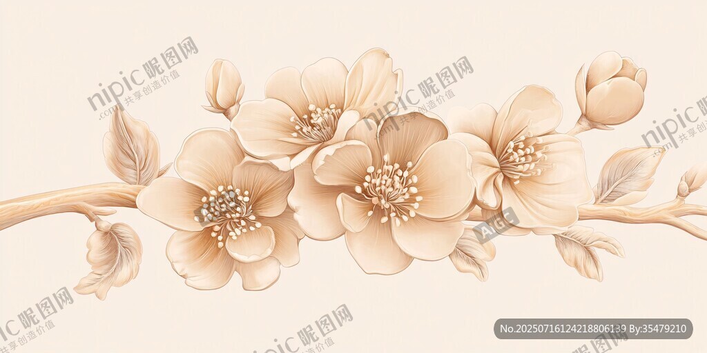 米色調(diào)精致花卉枝條插畫