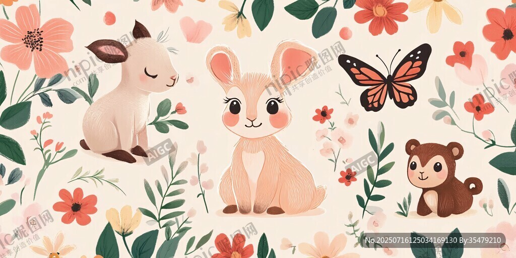 可愛動物與花卉的夢幻場景