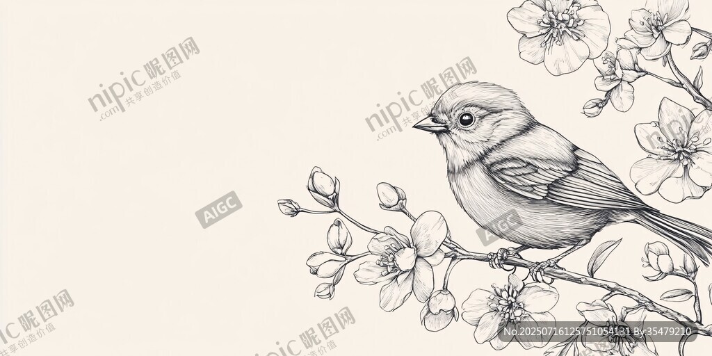 枝頭小鳥與繁花素描圖