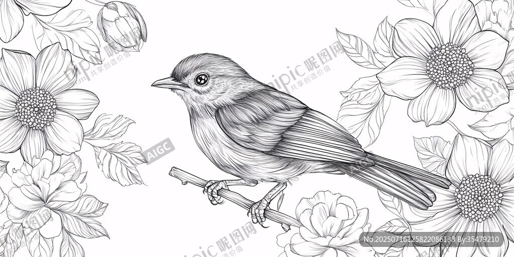 花鳥素描 小鳥棲于花枝間