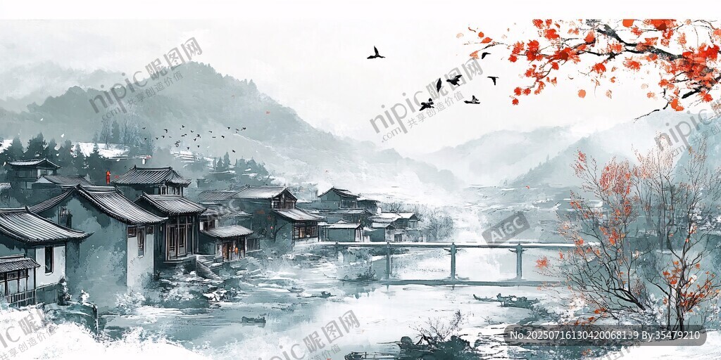 水墨江南村落 飛鳥紅楓景